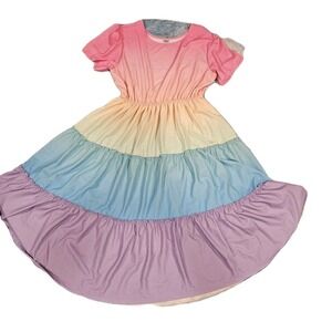 Womens Pastel Rainbow Tiered Dress 3XL Short Sleeve Boho Cottagecore Plus Size